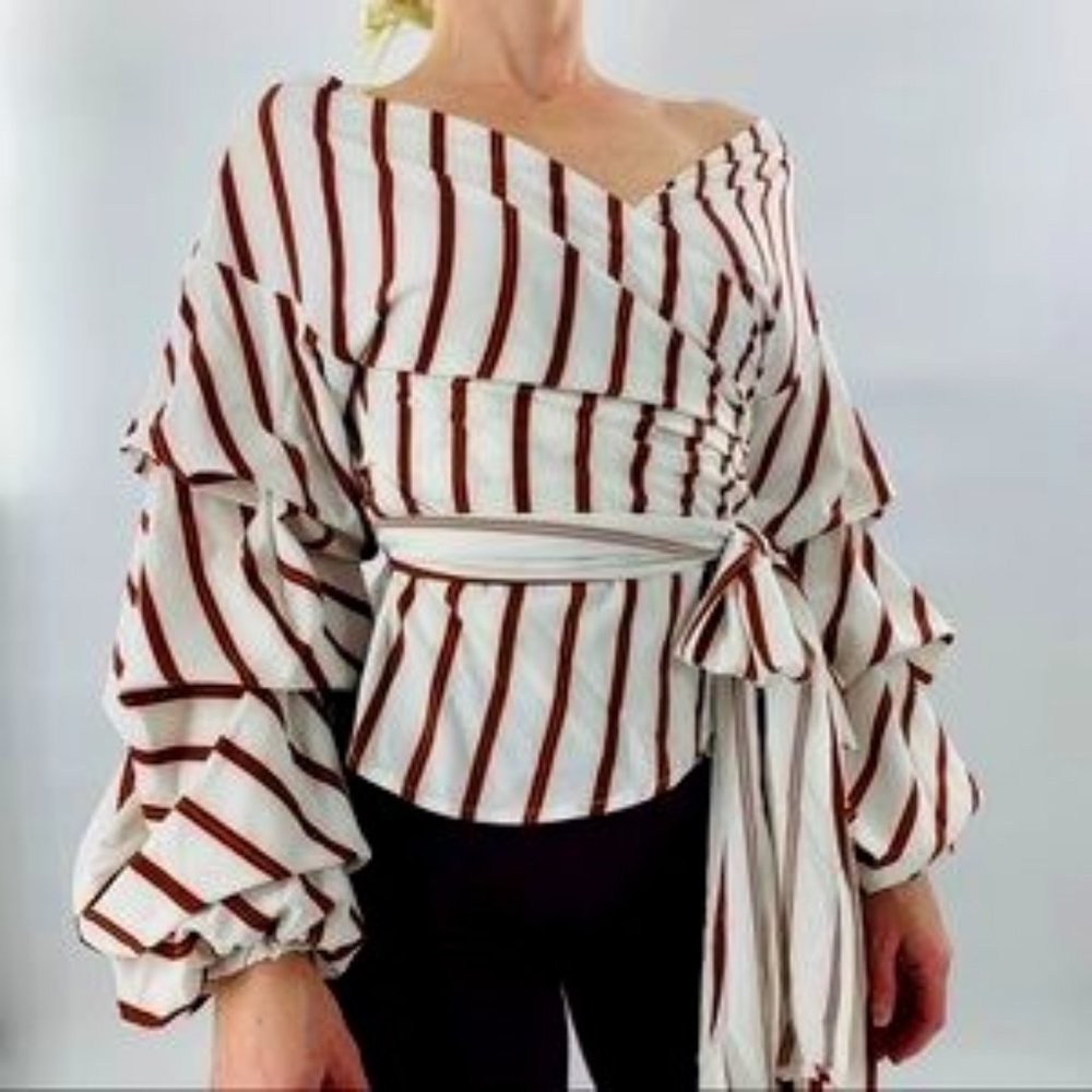 Luxxel Puff Ruched Sleeve Stripe Wrap Top